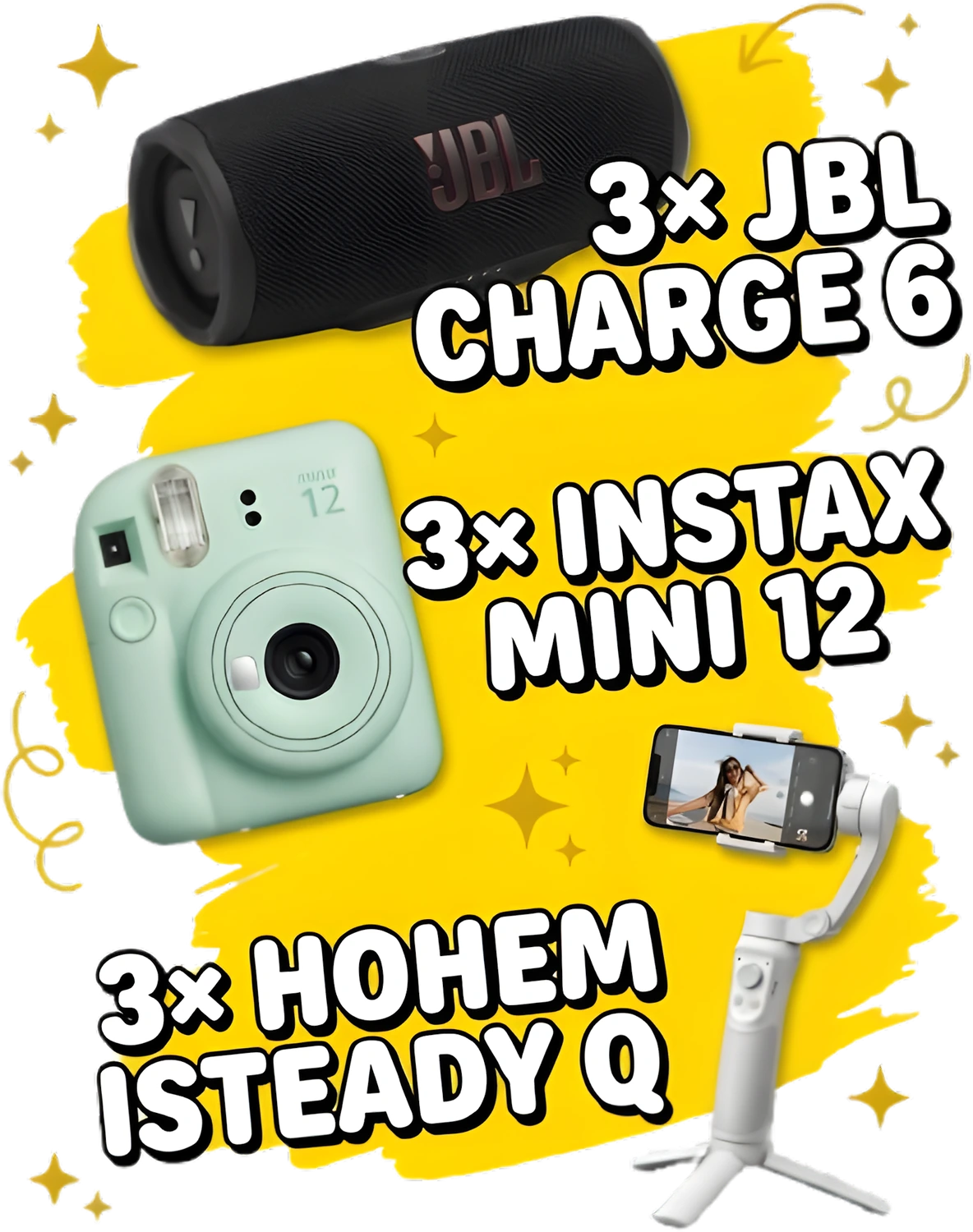 Nagrade: 3× JBL Charge 6, 3× Fujifilm Instax Mini 12, 3× Hohem iSteady Q